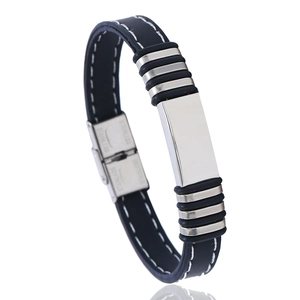 Men's Fashion Stainless Steel Silicone Bracelet Casual Sporty Polished Metal Plate Wristband Black Silver Male Jewelry Gift