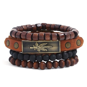Retro Cowhide Leather Bracelet Multi Layer Braided Wood Beads Leaf Pendant Wristband Punk Style Jewelry For Men Women