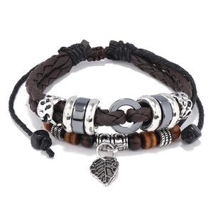 Men's multilayer braided leather bracelet with wooden beads and silver leaf pendant