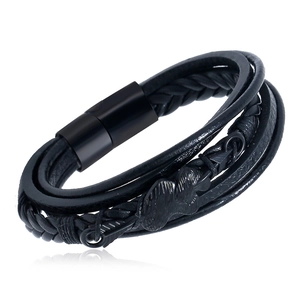 Punk Men Stainless Steel Magnetic Clasp Leather Bracelet Multi Layer Braided Heart Arrow Pattern Retro Fashion Jewelry Bracelet Gift
