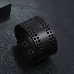 Punk retro black wide leather bracelet with silver metal snaps and dual-row perforations