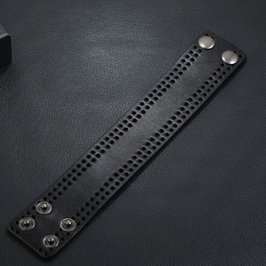 Vintage punk black leather wide wristband with perforated design and metal snaps