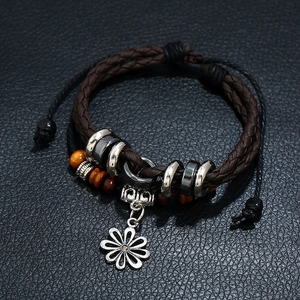 Retro multilayer braided leather bracelet with wooden beads and silver daisy charm