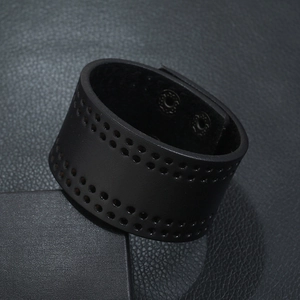 Vintage punk black leather wide cuff bracelet with double row holes and silver buckles