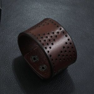 Retro punk style dark brown wide leather bracelet with vintage metal snap buttons