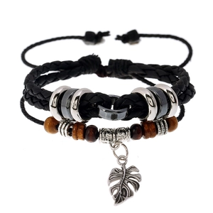 Retro Men Multilayer Woven PU Leather Bracelet With Wood Beads Metal Leaf Pendant Adjustable Ethnic Style Jewelry