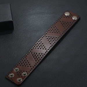 Retro punk brown leather wide wristband with perforated patterns and metal snaps