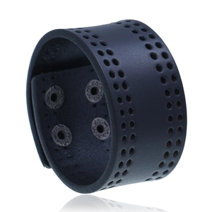 Men Punk Retro Distressed Cowhide Leather Wide Cuff Bracelet With Hollow Out Pattern And Adjustable Metal Buckle Jewelry