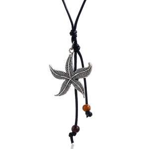 Vintage Ethnic Starfish Pendant Necklace For Women Men Alloy Antique Silver Sea Star Wax Cord Long Sweater Chain Jewelry Gift