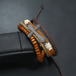 Retro multi-layer leather bracelet with wooden beads and silver metal cross charm