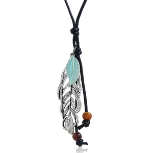 Collier Pendentif Plume Feuille Ethnique Vintage Cordon Ciré Noir Réglable Collier Long de Pull en Alliage pour Femmes Hommes