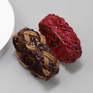 Handmade braided PU leather bracelets with retro metal buckles in red and brown colors