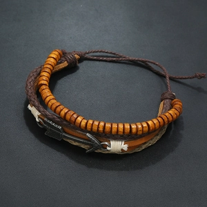 Retro multilayer leather bracelet with wooden beads and bronze arrow charm for men