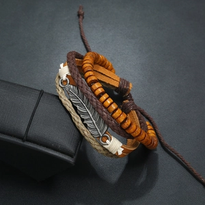 Vintage multi-layer leather bracelet set with metallic leaf charm and wooden beads
