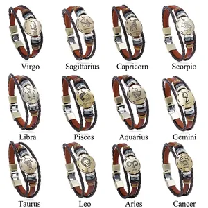 Vintage Hand-Woven Leather Zodiac Bracelet For Men Women Punk Multi-Layer Cowhide Beaded Braid Bracelet Constellation Jewelry