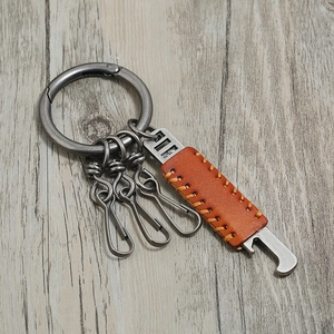 Vintage leather and alloy punk keychain with heavy-duty rings and stitching details
