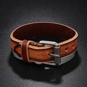 Retro distressed brown leather bracelet with vintage metal buckle for men