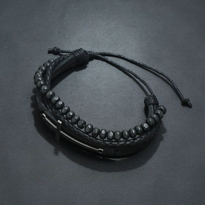 Men's retro multi-layer braided black leather bracelet with cross beads and adjustable cord