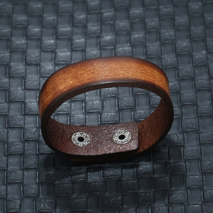 Vintage brown leather cuff bracelet for men with dual silver metal snap buttons