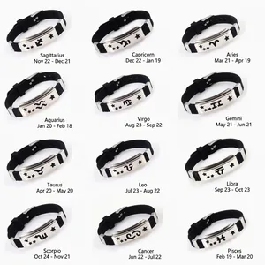 12 bracciali dello zodiaco in silicone con ciondoli in acciaio in layout a matrice