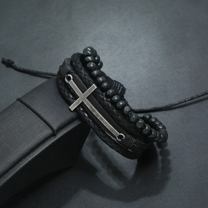 Retro black multilayer braided leather bracelet with wooden beads and silver cross