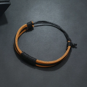 Retro braided genuine leather bracelet with orange base and black cord adjustable closure
