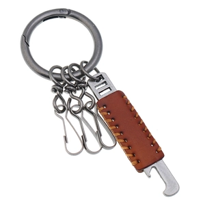 Vintage Cowhide Leather Alloy Keychain For Men Multifunctional Bottle Opener Punk Style Hand Stitched Key Ring Accessories