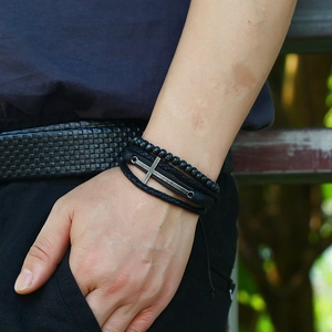 Men's multilayer black leather bracelet featuring wooden beads and a metal cross charm