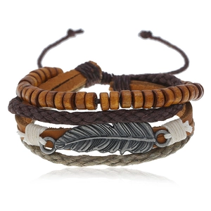 Vintage Multi-Layer Leather Bracelet For Men Women With Metal Feather Pendant Wood Beads Handwoven Ethnic Adjustable Wrap Bracelet Jewelry