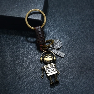 Handcrafted punk style robot keychain with brown leather strap and vintage bronze finish