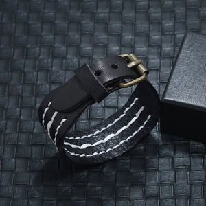 Vintage black leather cuff bracelet for men with white stitching and bronze metal buckle