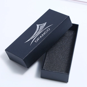 Elegant black rectangular gift box with silver logo and protective foam lining insert