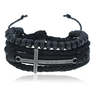 Vintage Punk Cross Multi-layer Leather Bracelet For Men Black Wood Beads Braided Rope Adjustable Bracelet Alloy Cross Charm