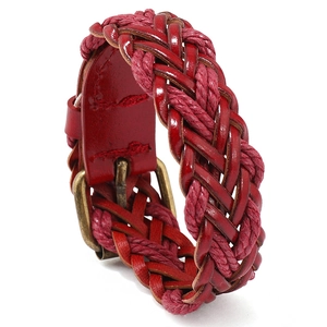 Retro handmade braided red PU leather bracelet with adjustable bronze metal buckle