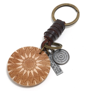 Vintage Genuine Leather Keychain With Wood Carved Pendant Braided Cowhide Retro Key Ring Inspirational Quote Tag