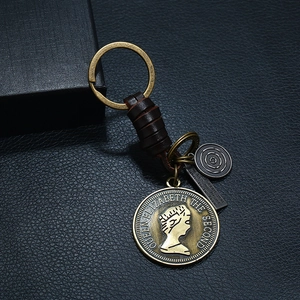 Punk woven genuine leather keychain with bronze queen coin and engraved metal tag