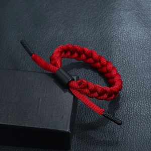 Minimalist multi-layered red woven bracelet with black matte adjustment buckle