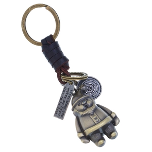 Vintage Hand Woven Cowhide Leather Keychain Zinc Alloy Bronze Santa Gnome Pendant Engraved Metal Tag For Men Women Gift