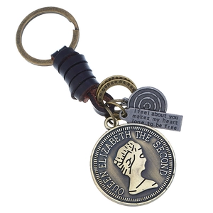 Vintage Punk Braided Genuine Leather Keychain Zinc Alloy Queen Elizabeth Coin Pendant Retro Car Key Ring Bag Charm