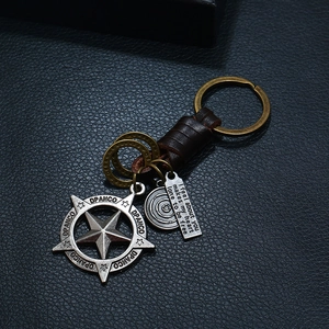 Retro braided leather keychain with engraved star pendant and quote charm for men
