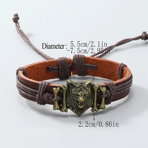Vintage leather bracelet with bronze wolf head and adjustable braided rope design