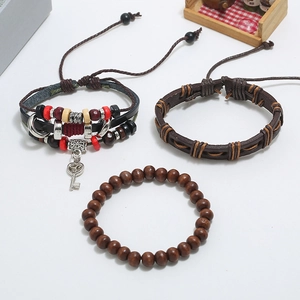 Three-piece retro punk braided leather bracelet set with wooden beads and key charm