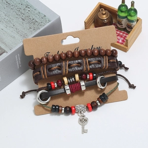 Retro multi-layer leather bracelet set with wooden beads and key charm accessory