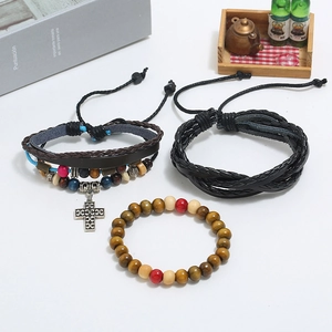 Ensemble de trois bracelets rétro en cuir avec corde de chanvre tressée et croix