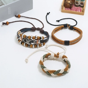 Multilayer vintage woven leather bracelet set with wooden beads and alloy charms