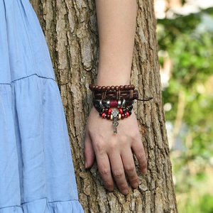 Retro punk braided leather bracelet set with wooden beads and vintage key pendant charm