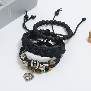 Three-piece punk vintage woven leather bracelet set with wooden beads and heart charm