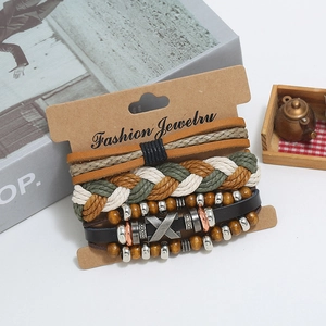 Multilayer vintage braided leather bracelet set with wooden beads and metal accents