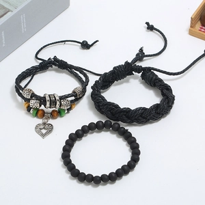 Three-piece punk vintage woven leather bracelet set with wooden beads and heart charm