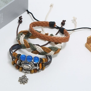 Three-piece retro braided leather bracelet set with ethnic beads and sunflower charm